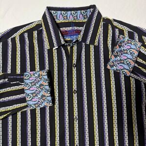 New Robert Graham Black Stripe‎ Dress Shirt Flip Cuff Men's Size  2XL